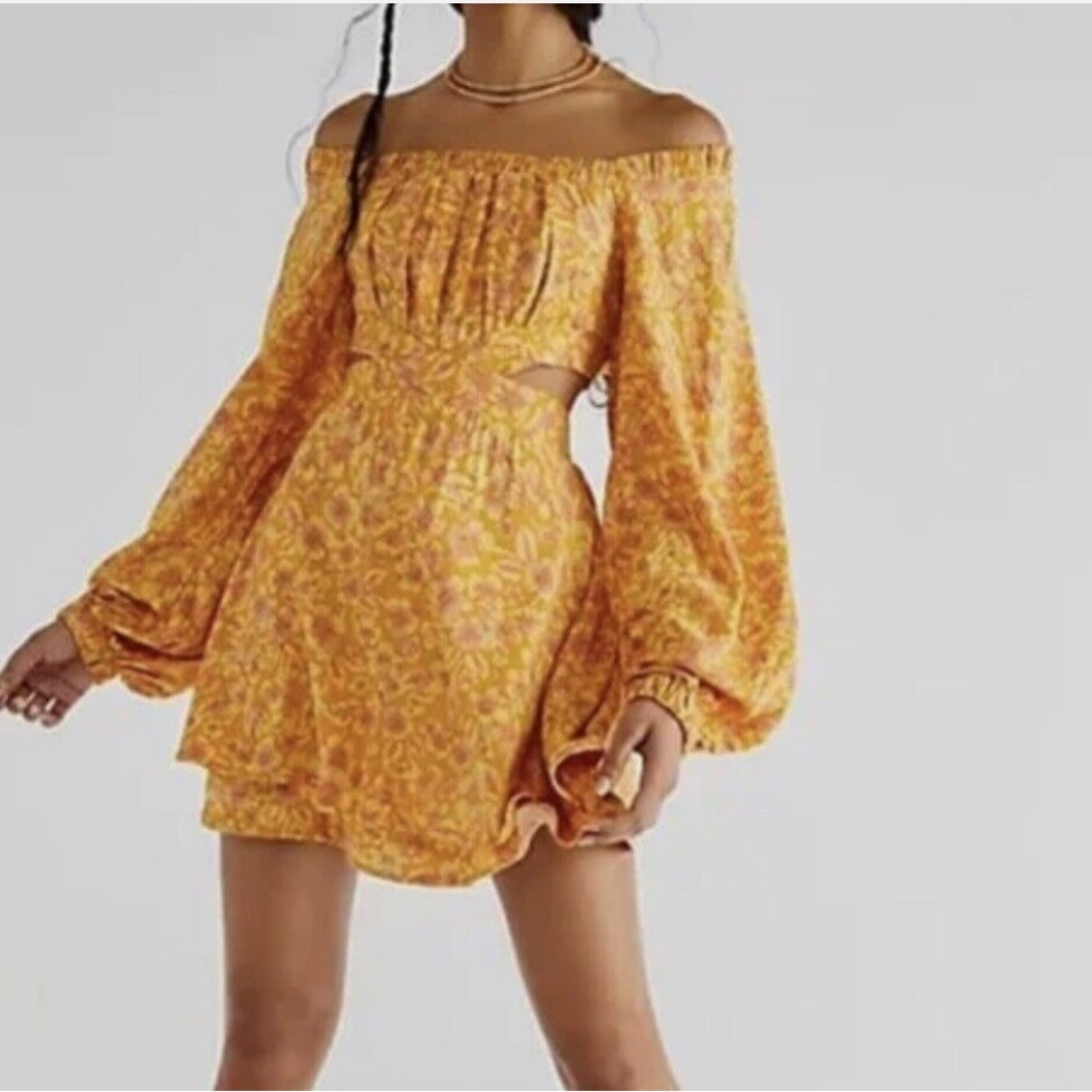 Free People Jael Cutout Mini Dress Golden Yellow Motif Floral Long Sleeve size M - Picture 1 of 11